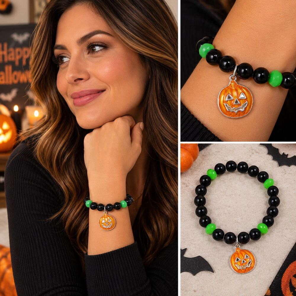 Avon Bracelet Black Green Beaded Stretch Jack O Lantern Halloween Glow in Dark